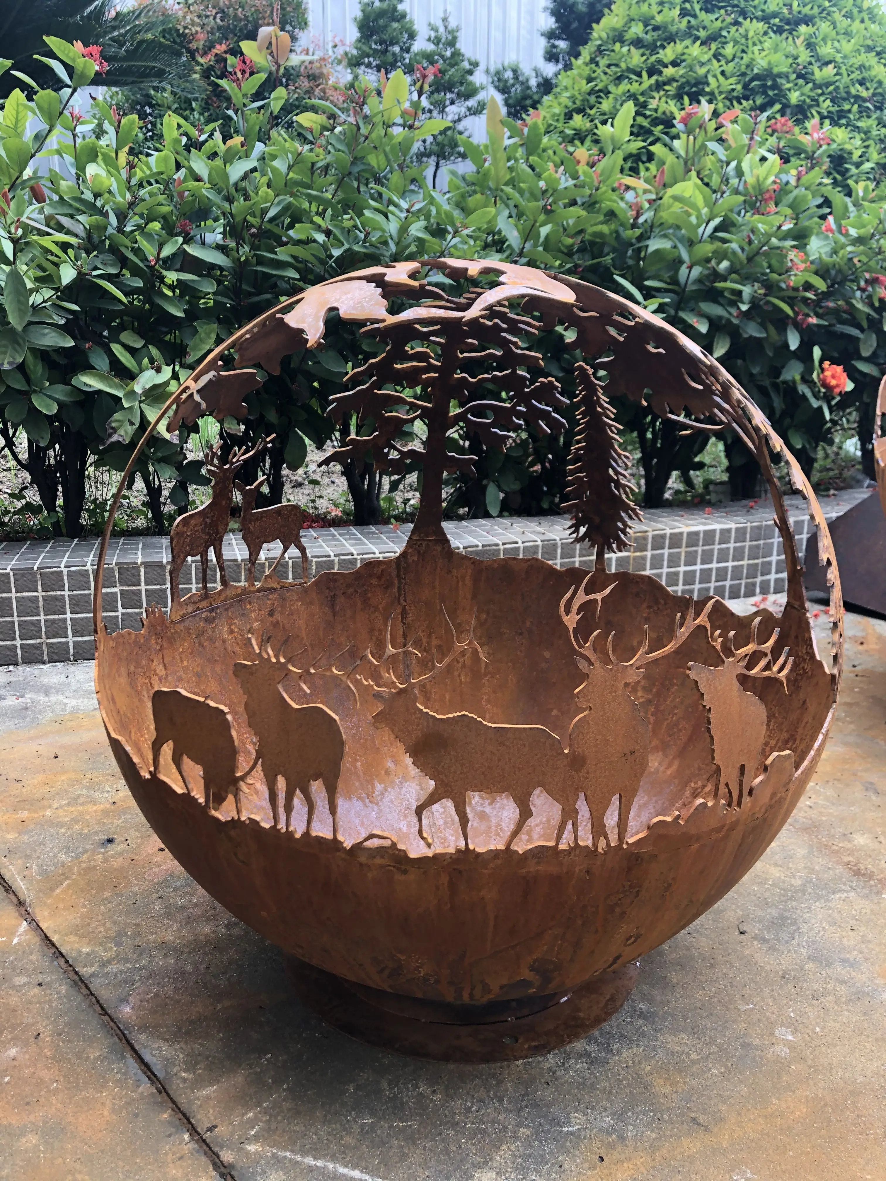 Набор мебели для садового камина, большой декоративный металлический шар для улицы, кортеновый стальной огонь, ржавчина, газ, дерево