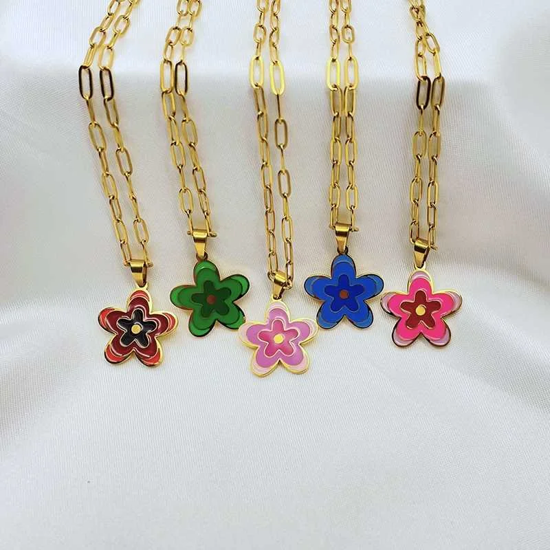 Carline Flower Luxury Fashion Fine jewelry Wholesale Stainless Steel Minimalist Gold Plated Pendant Enamel Charm Necklace