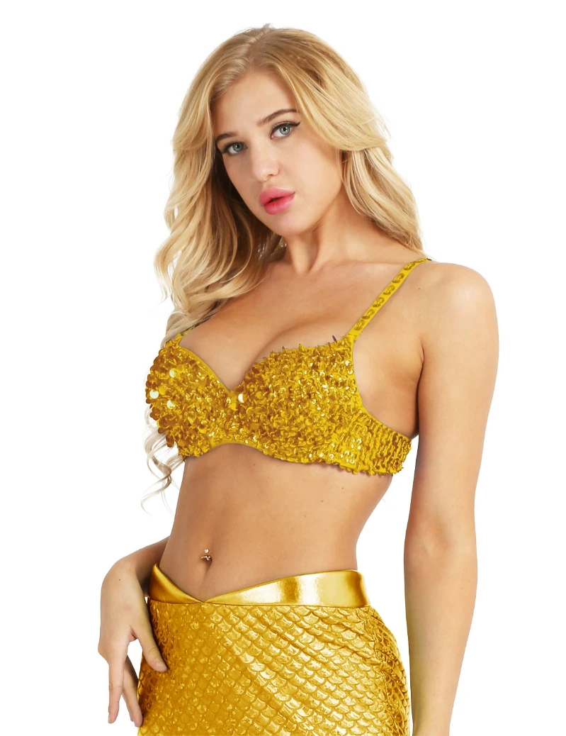  iEFiEL Women Sexy Lingerie Sparkle Sequin Beaded Bra Top Belly Dance Costume Party
