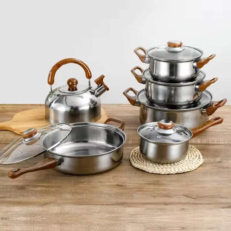 12-Piece Stainless Steel Set Wood Grain Handle Pot Set Multi-function Soup Milk Pot Kettle Frying Pan Cookware Set