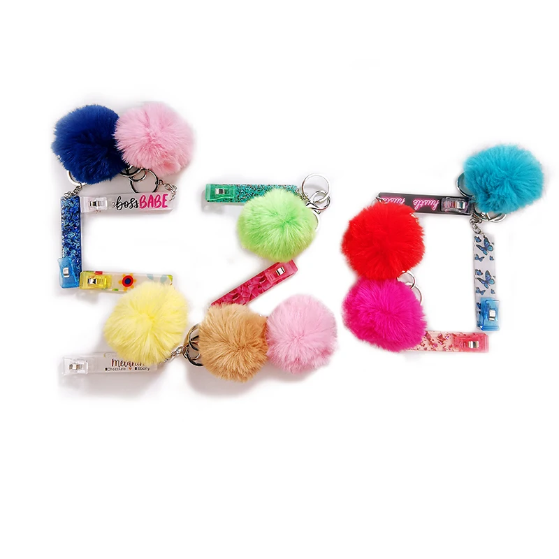 Hot Selling ATM Card Holder Puller Key Chain Acrylic Custom Credit Card Grabber With Pompom Ball For Long Nails