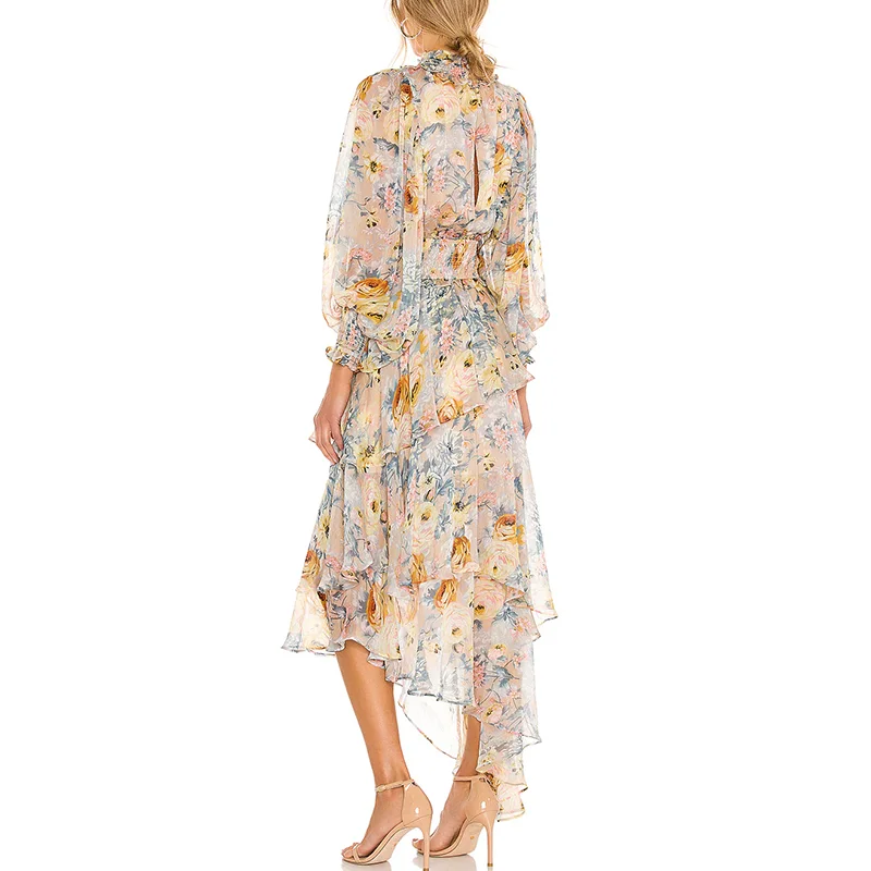 Manufacturer Fashion Custom floral print Lady Chiffon Ruffle Maxi Dress Women Elegant Long Sleeve Summer Casual Dresses producer