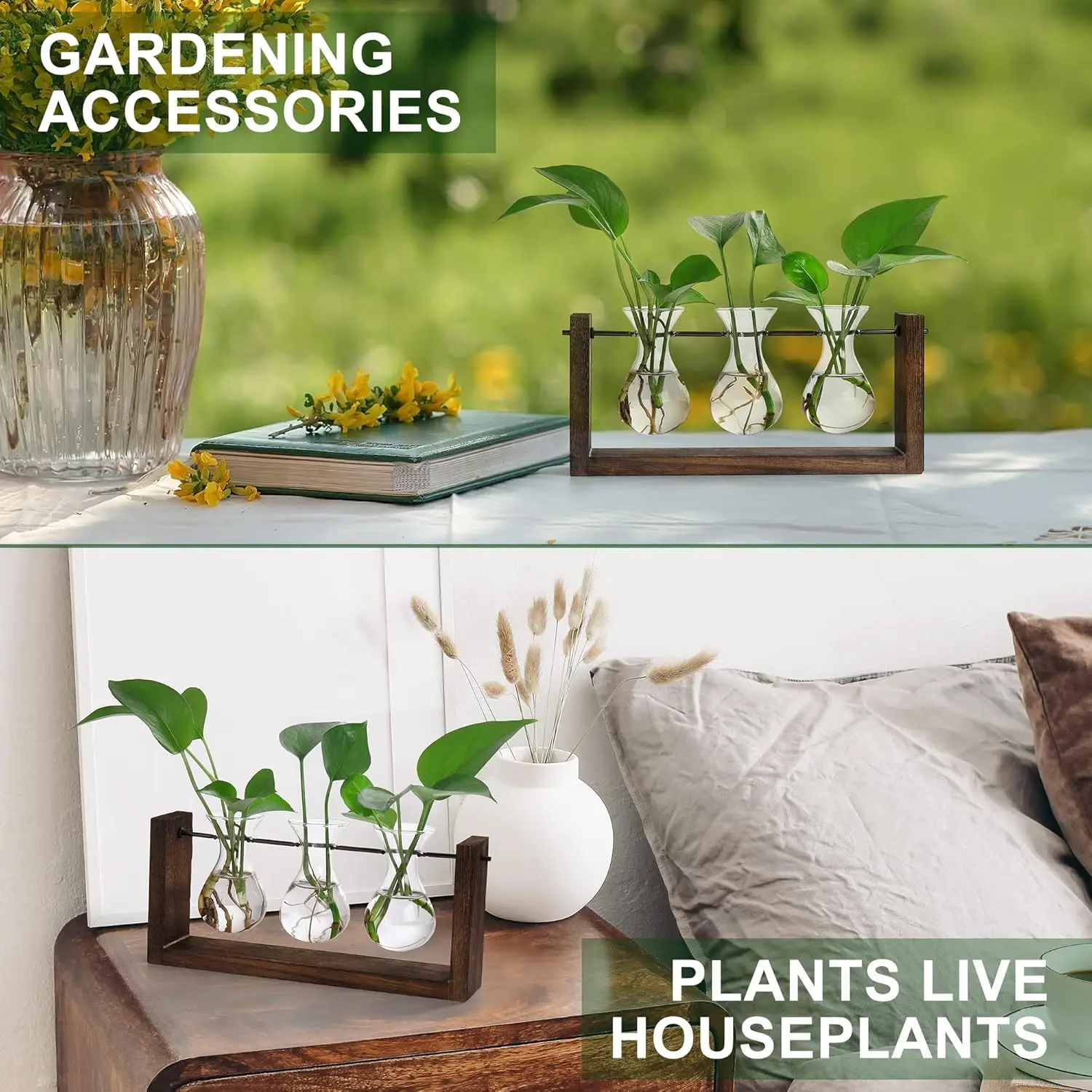 Hydroponics Home Office Decor 3-Vase Wooden Stand Wall Hanging Glass Planter Tabletop Terrarium Propagation Stations
