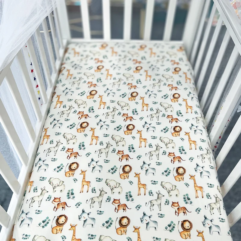 Customized Printing Skin-friendly Jersey Organic Cotton Baby Fitted Crib Sheet Set