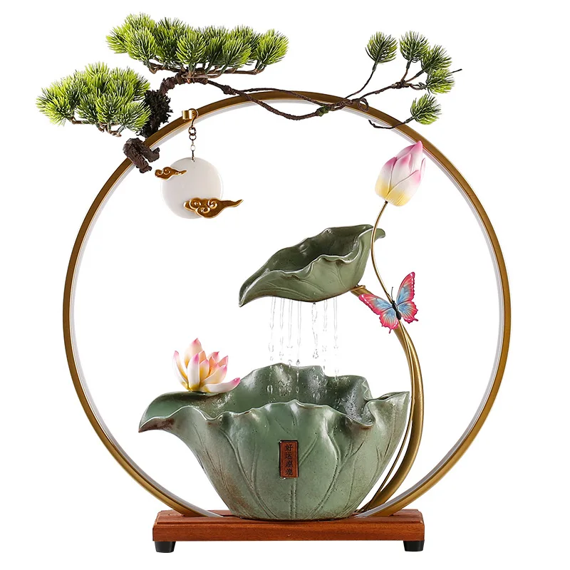 Lotus Shaped Ceramic Water Fountain with Smoke Home Office Desktop Small Waterfall Fountain with Incense Burner Light