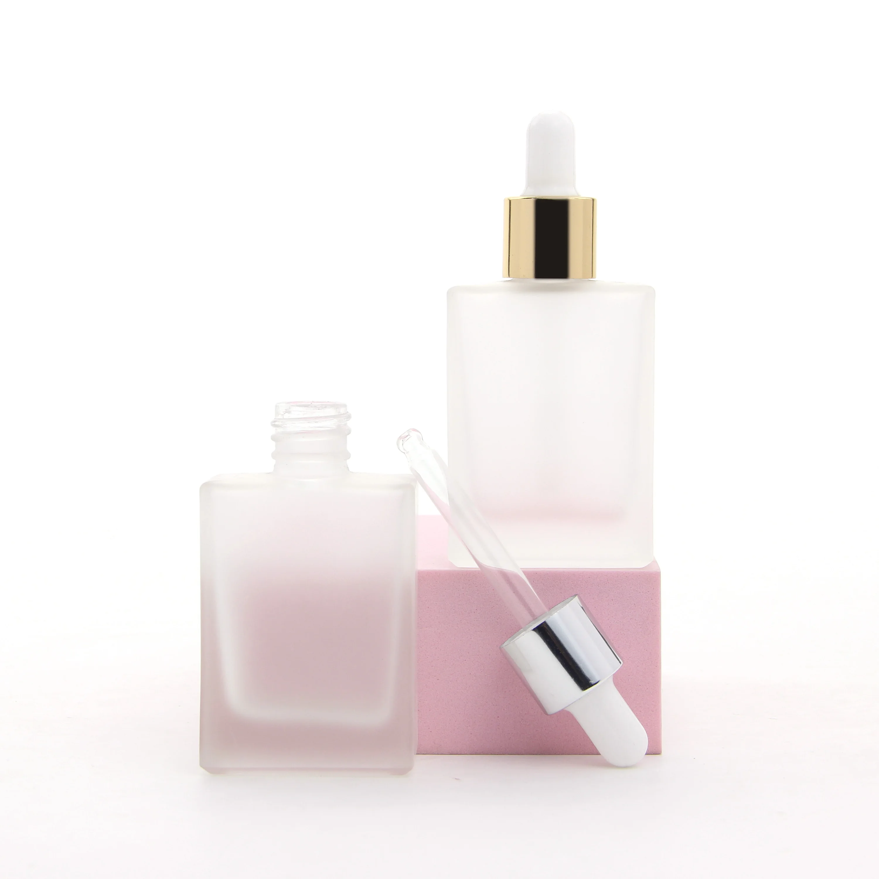 Luxury 30ml 50ml 100ml Empty Square Frosted Matte Glass Serum Oil Dropper Bottle with Gold Silver Ring and Pipette