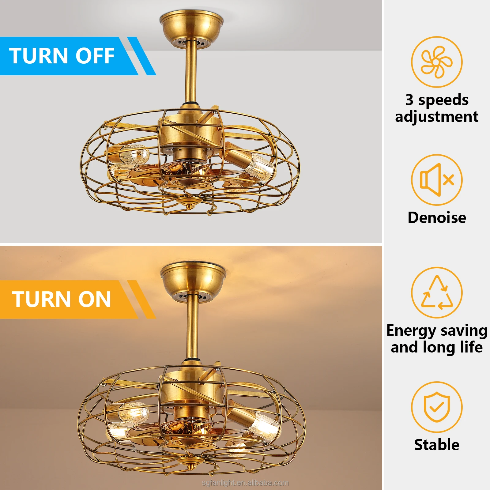 Copper Motor Gold Vintage Decorative Caged Ceiling Fan Remote Control Industrial Style Bladeless Led Ceiling Fan With Light