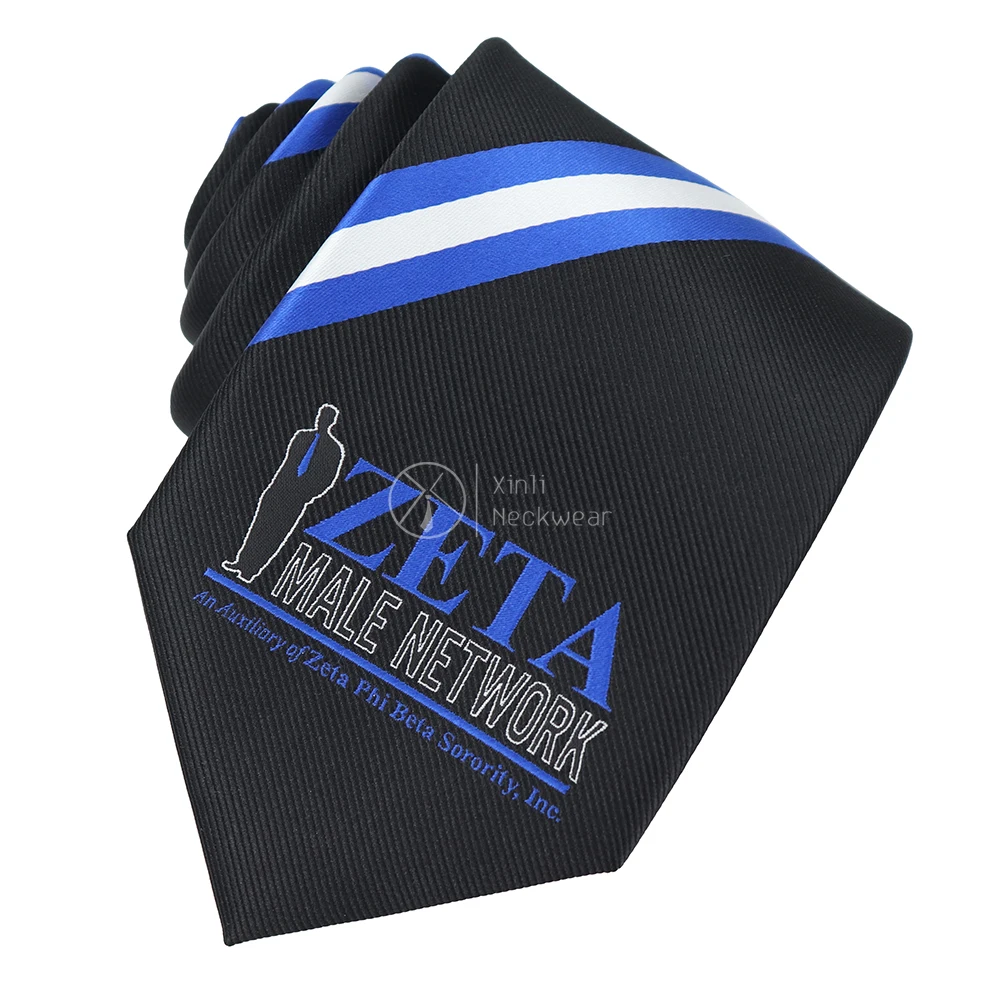 Custom Zeta Male Network Sorority Logo Ties Cheap Price Polyester Striped Mens Black Phi Beta Sigma Tie for Sale