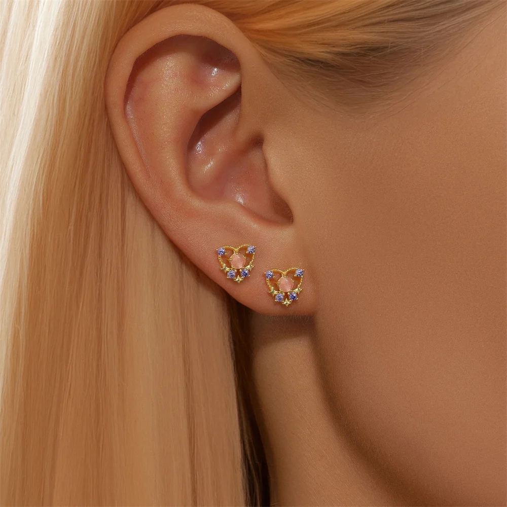 New Love Heart Planet Crown Butterfly Pink Zircon Stud Earrings Women Gift Cartilage Helix Screw Back Piercing Jewelry