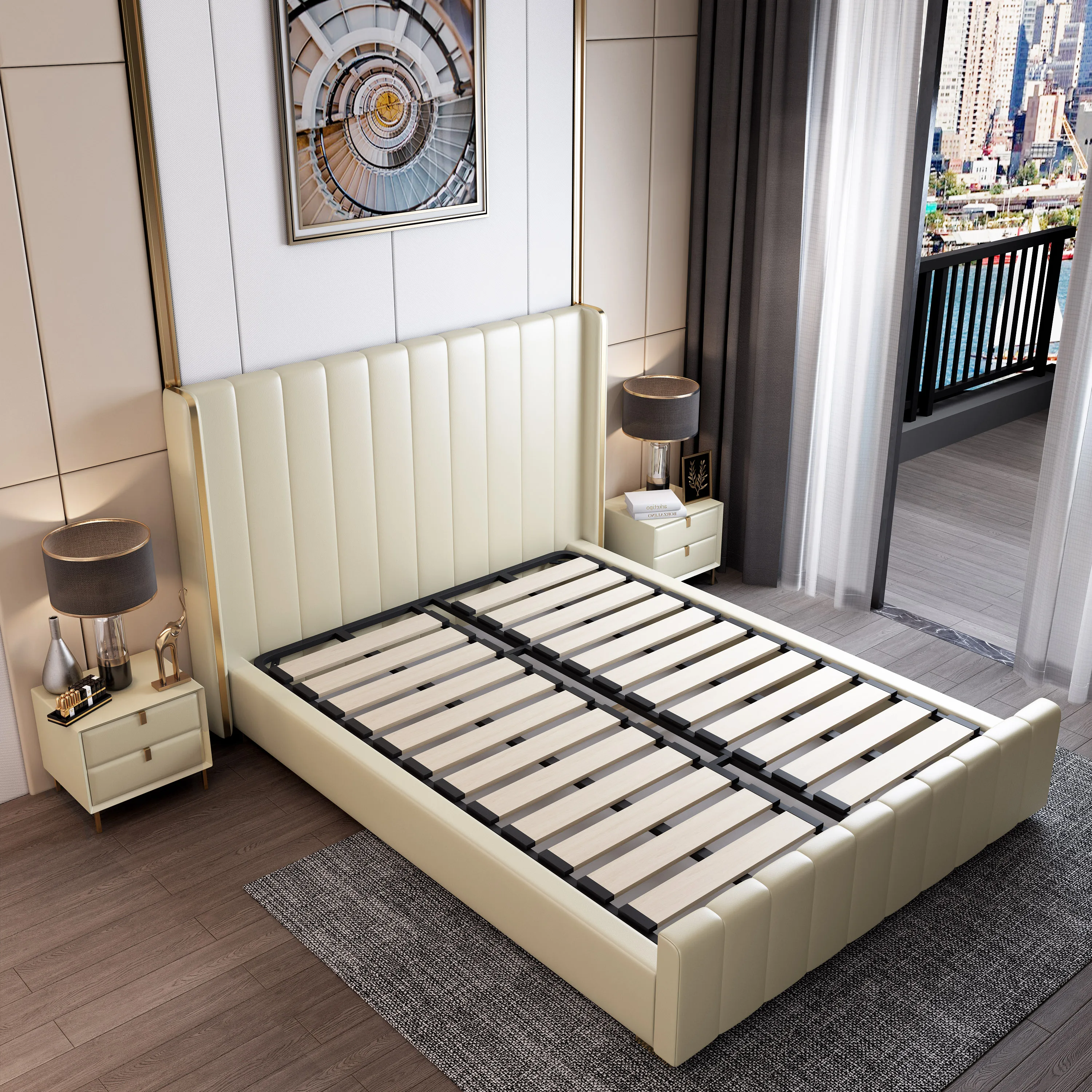 Hot Sale Factory Price Box Bed Wood Nordic Genuine Leather Beds Luxury Modern Beds With Storage