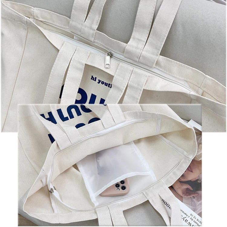 High quality Reusable Blank Custom Print Logo Cotton Large Shopping White Canvas Tote Bag With Pocket And Zipper