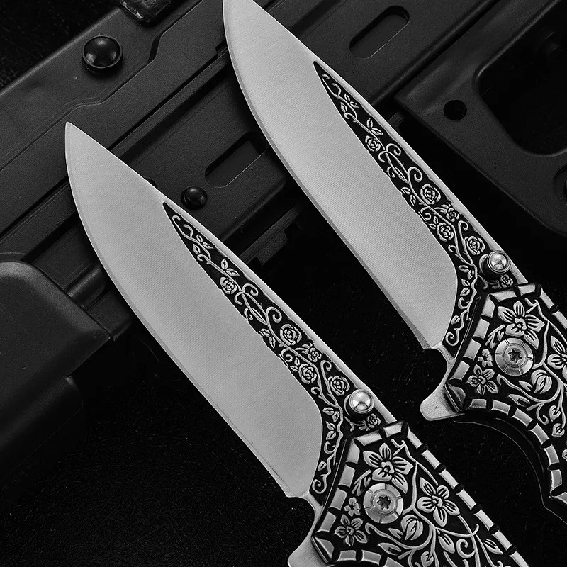 Free Sample Etched Pattern Bushcraft Folding Knife Color Wooden Handle Pocket Knives Outdoor Hunting Survival High Carbon Steel