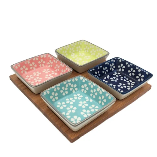 Square ceramic small plate snack sauce serving dishes set with tray