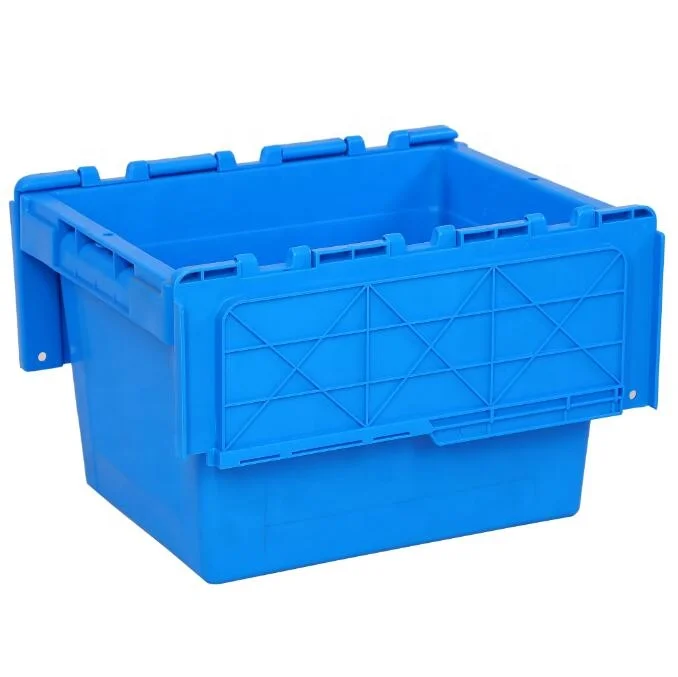 Warehouse Plastic Moving Crate Stackable Storage Attached Lid Containers Plastic Tote Turnover Box for transport and delivery