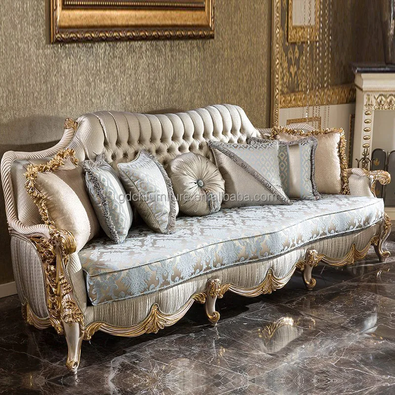 Turkey Wooden Furniture Royal Classic Solid Wood Carving living room set king size carved Fabric sofas