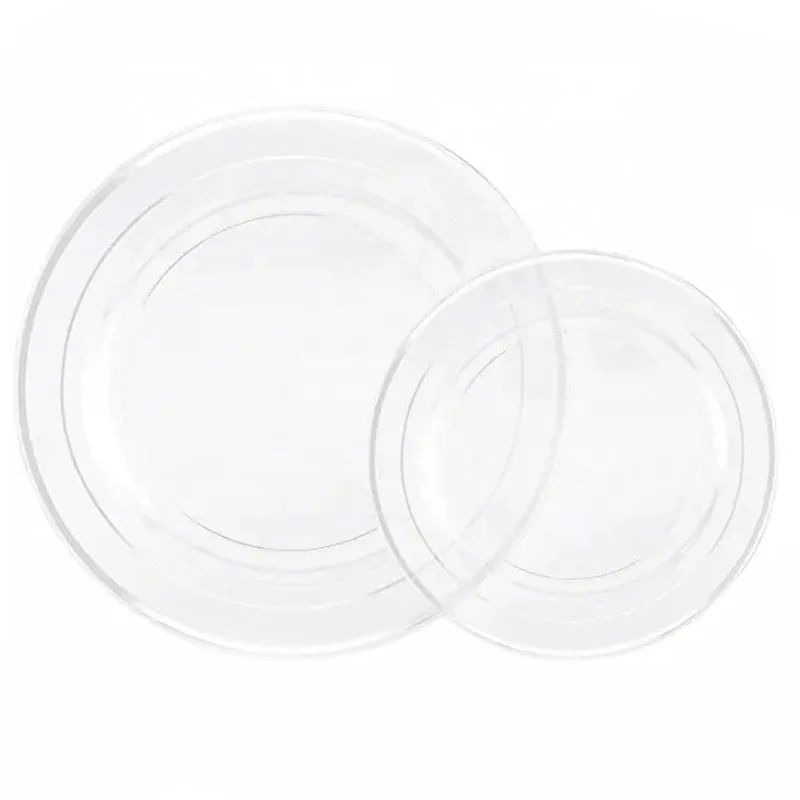 Disposable Transparent Silver Rimmed Heavy Duty Round Plastic Plates And Cutlery For Wedding Party