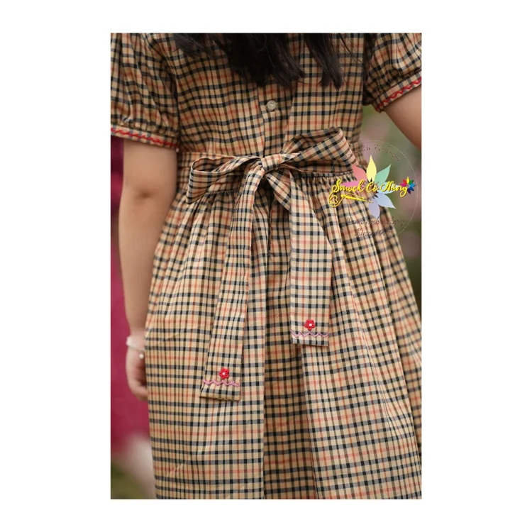 Western Brown Plaid Smock Dress For Baby Girl Fast Delivery Top Favorite Product Birthday Dress Fancy Pattern