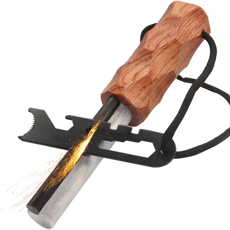 Survival Tools Wooden Shaft Firesteel Emergency EDC Fire Kit Camping Supplies Magnesium Fire Rod Starter