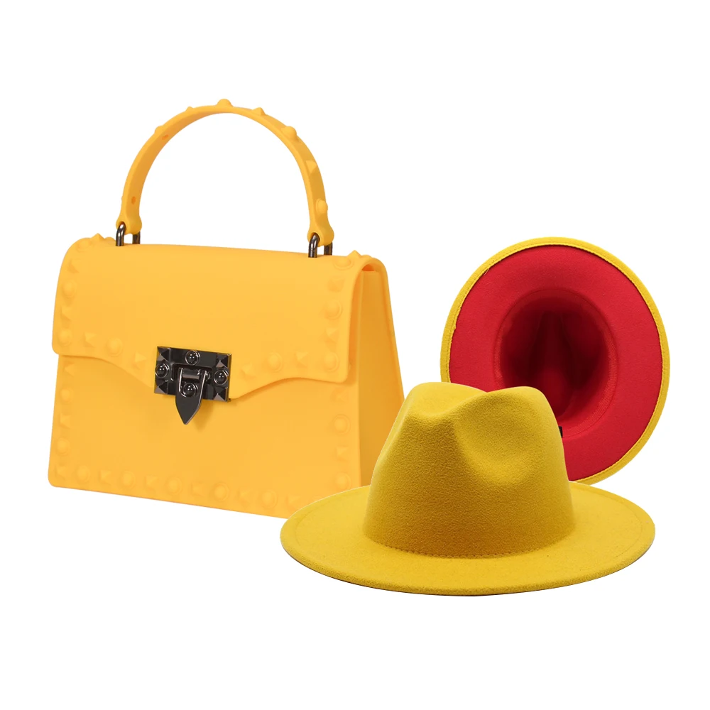2021 Designer PVC Jelly bag matching hat ladies Matte Rivet HandBags high quality fedora hats and purse Set