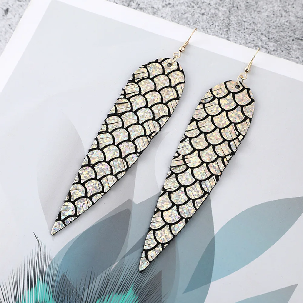2020 new leather embossed gold and silver fish scale water ripple long earrings women