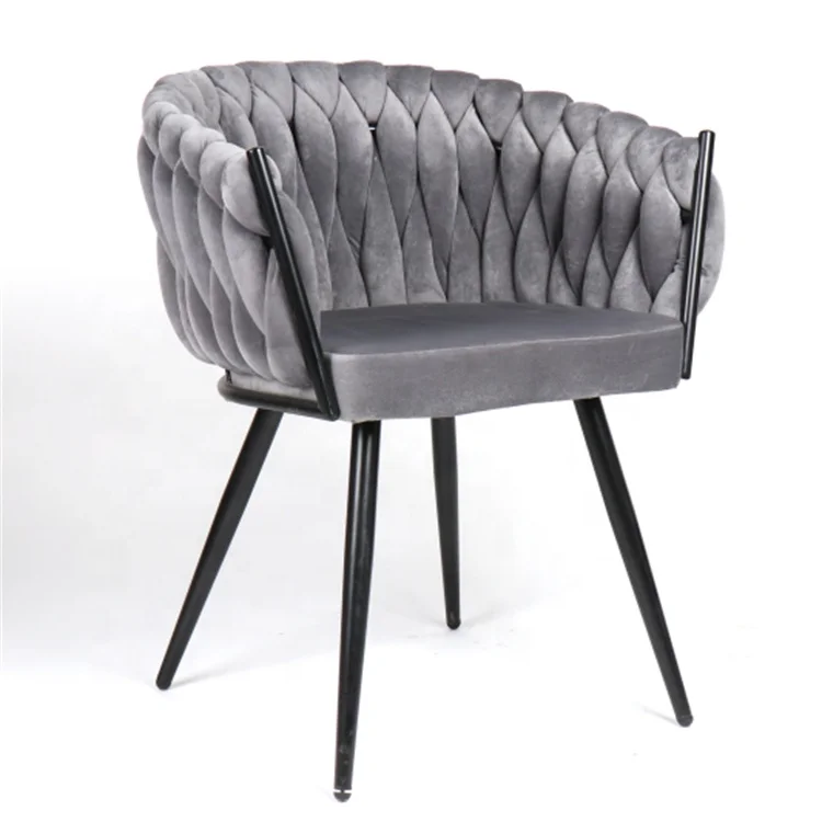 Factory Wholesale Morden luxury Gray Home soft cushioned backrest fabric armchair Velvet Dining room chair with metal legs
