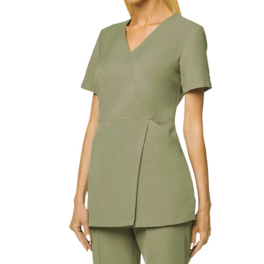 Womens Beauty Salon Tunic Shirt Ladies Fancy Hairdressing Uniform Tunic with Pockets and Custom Logo Polyester Cotton Fabric