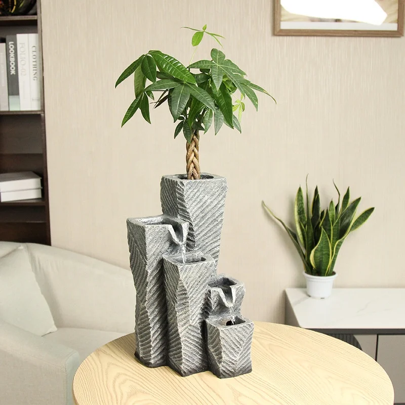 Polyresin Indoor Decor Waterfall Fountain with LED Lights Indoor Garden Zen Relaxation Resin Tabletop Fountains With Plant Pot