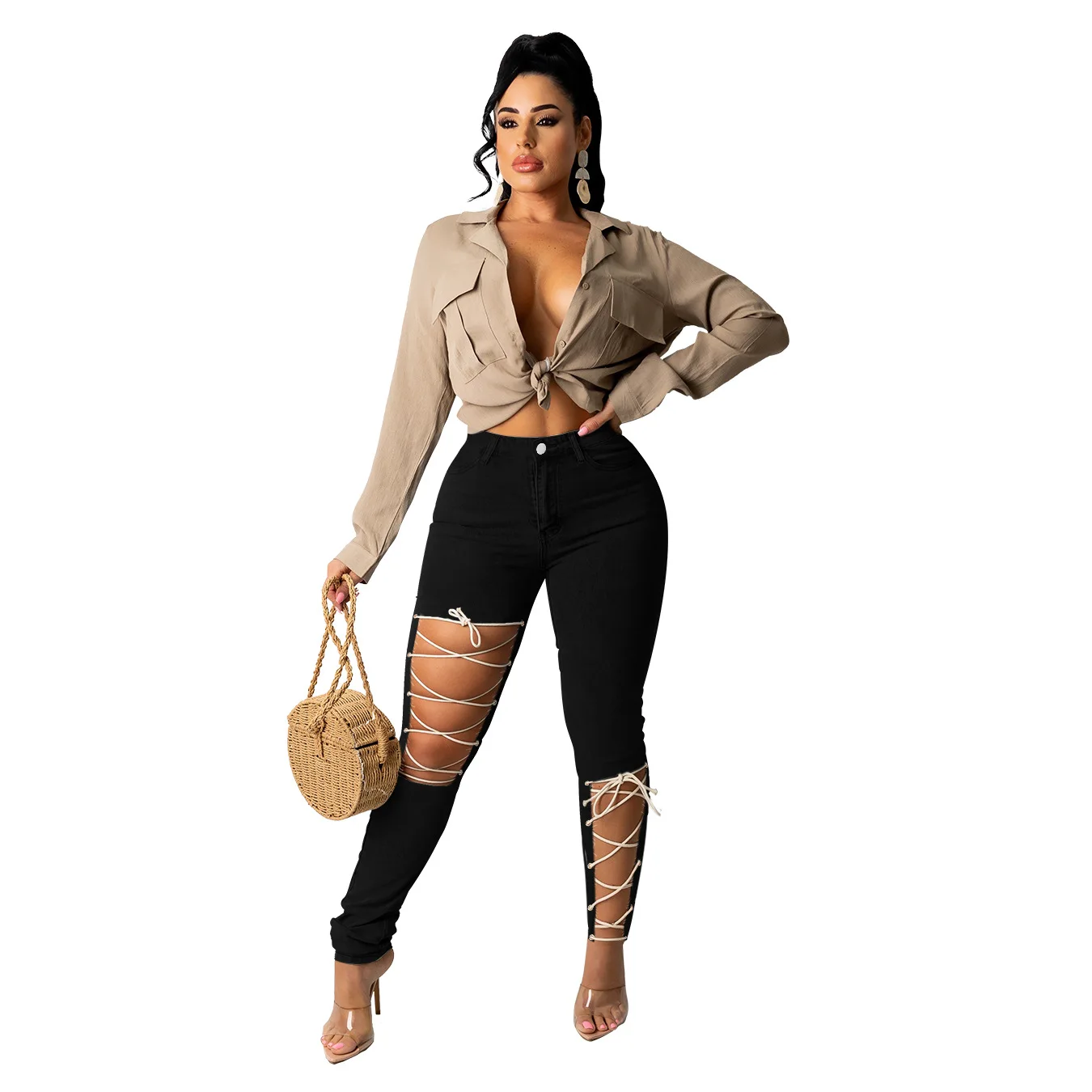 New Style Autumn Fashion Solid Color Broken Hole Bandage Sexy Trousers Jeans For Women Stylish