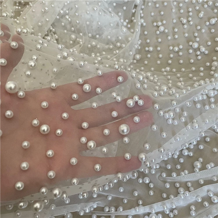 New 2024 handmade heavy beaded pearl fabric mesh tulle for wedding gown for wedding evening dress veil