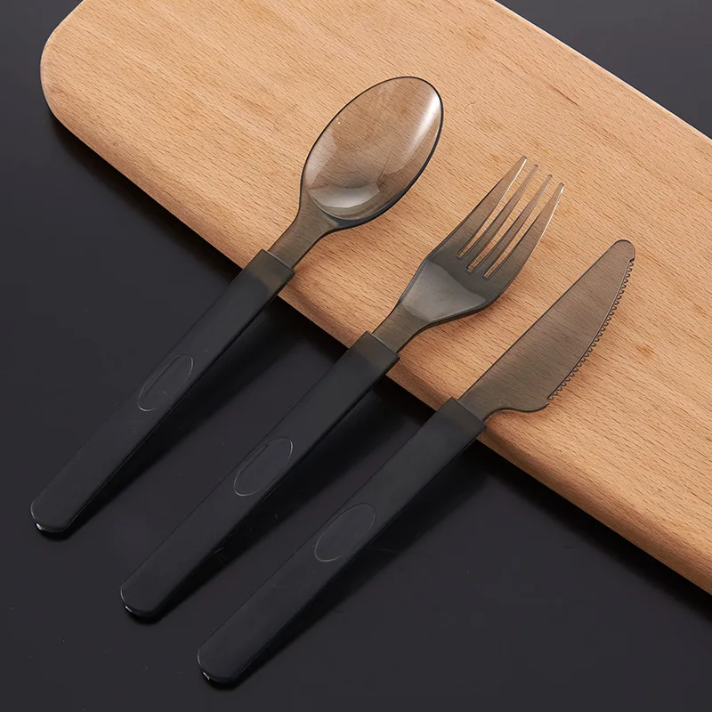 Disposable Black Long Handle Thickened Plastic Cutlery Fork Spoon Translucent