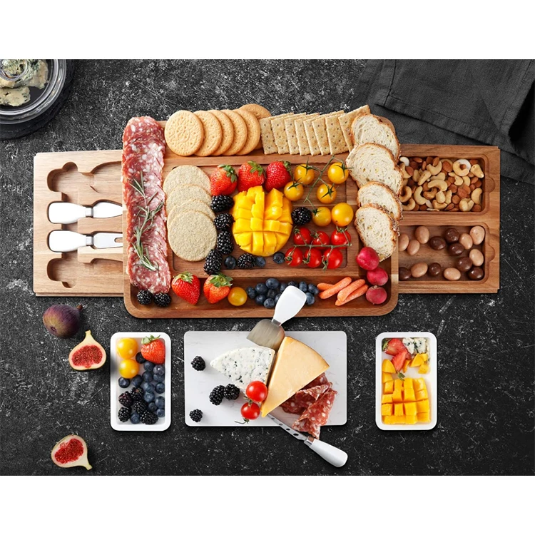 Customized Wooden Cheese Board Set Acacia Wood Large Charcuterie Board with Stainless Steel Knife Set Thick Wooden Server