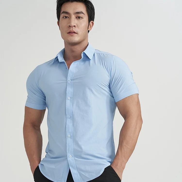 Men Solid Colour Formal Short Sleeve Cotton Breathable Stretch Slim Fit Shirt Quick-drying Wrinkle-resistant Fitness Shirt