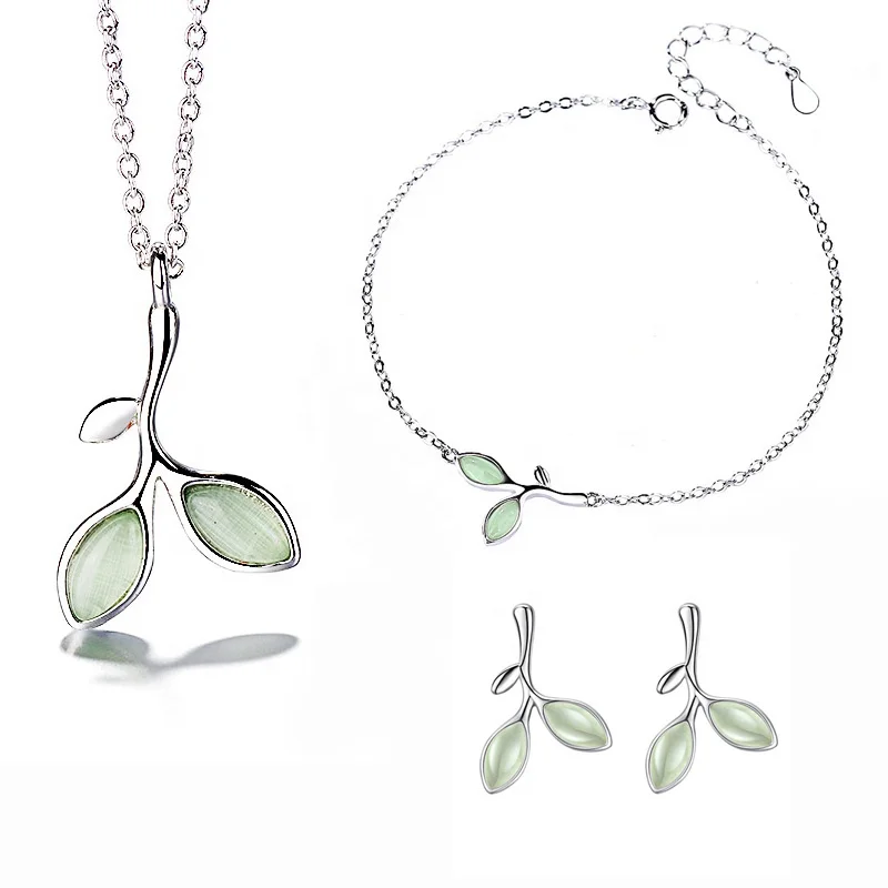 100% 925 Silver Bridal Green Leaf Pendant Necklaces Sets Cat Eye Stone Wedding Jewelry Set Earrings Stud&Bracelet for Women Gift