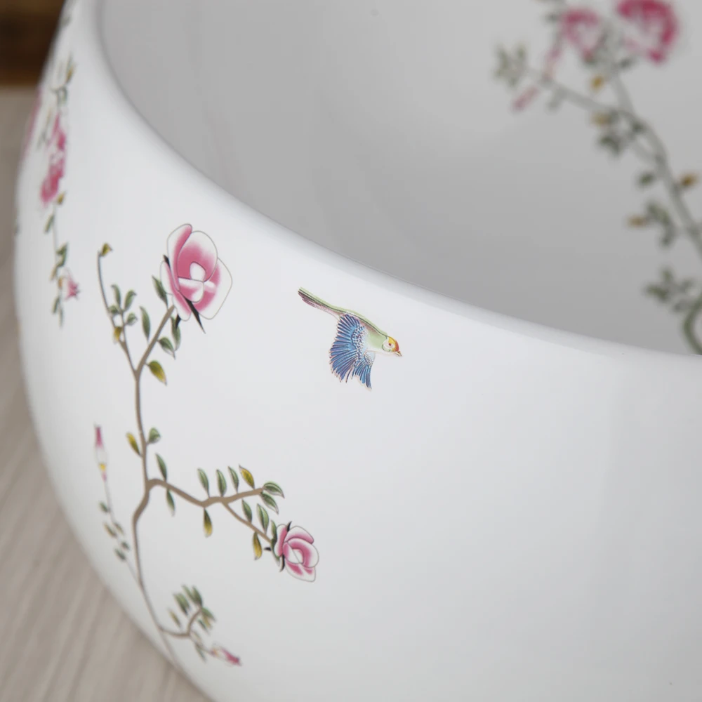 Flower Ceramic Basin Bowl Vanity Vessel Sink Golden Mixer Faucet+Drain Combo Set