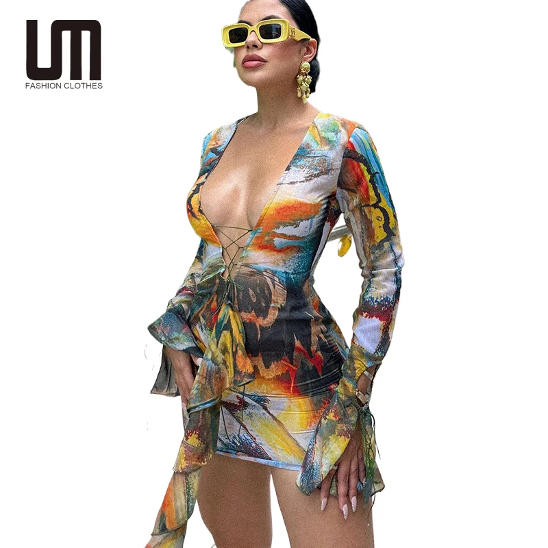 Liu Ming New Wholesale Women Clothes Sexy V Neck Printed Lace Up Long Sleeve Party Nightclub Vacation Mini Dress