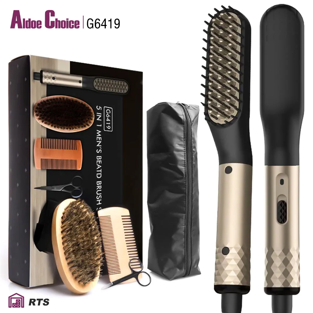 2024 new Private Label Beard Grooming Kit Heated Straightening Comb Set Mens Ionic Electric Hairbrush