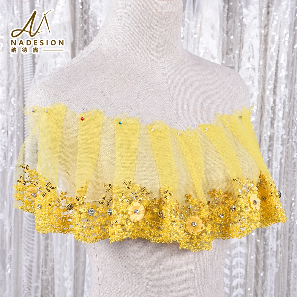 Wholesale Embroidery Decorative Mesh Ruffle Pearl Beaded Border Lace Trim Embroidery Flower Lace Trims
