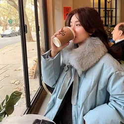 High Quality Winter New Big Fur Collar Mid-Length Red And Blue Thick Coat  Down Jackets