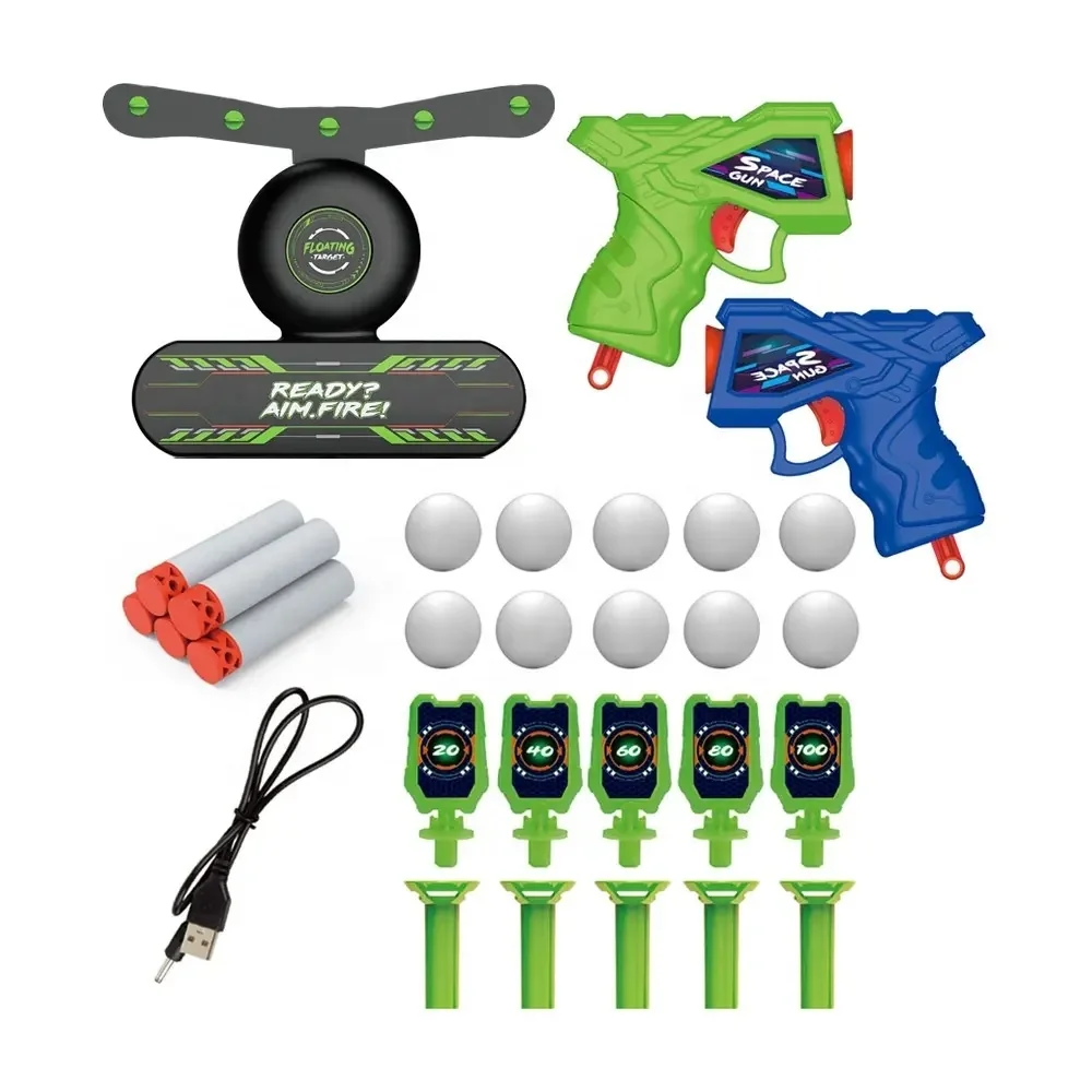 2 in 1 luminous air hover target shooting game set with 2 electric soft bullet guns toy for child floating ball shot in the dark
