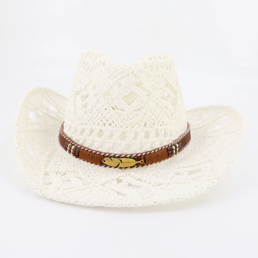 High Quality Custom Hollow Straw Cowboy Western Hat With Feather LOGO Straw Beach Hat Summer Sun Panama Hat Women