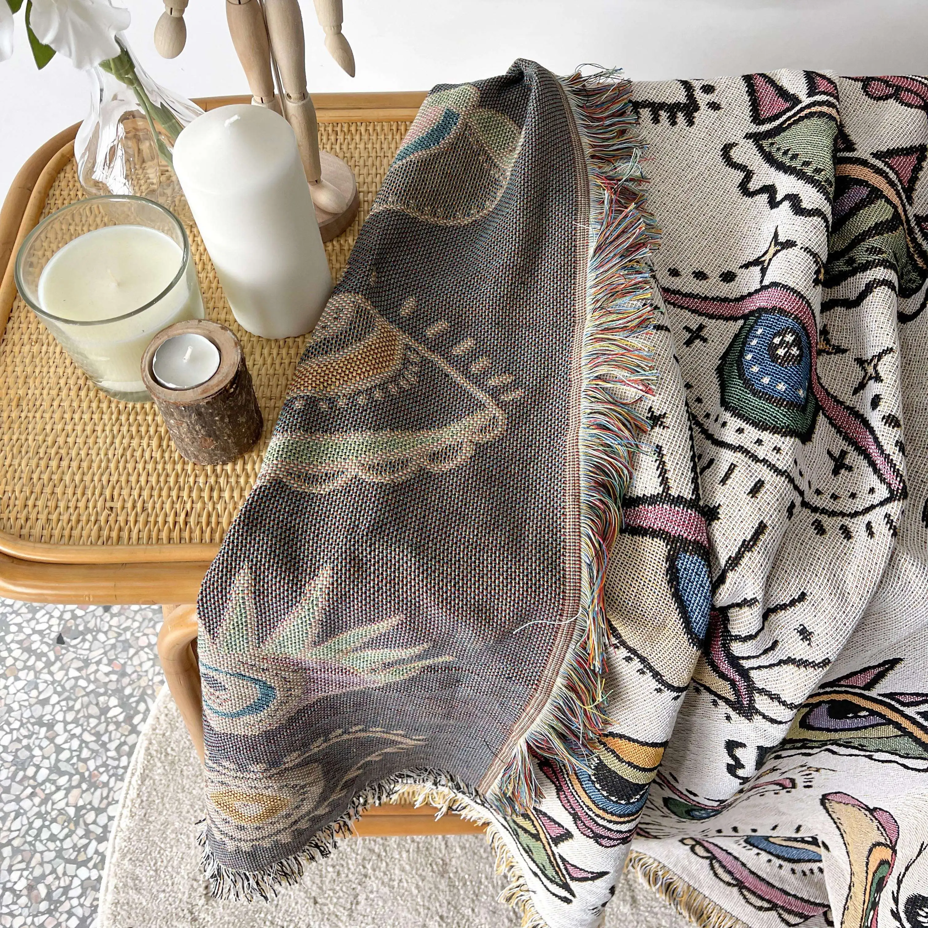 Wholesale high quality manufacture multifunction turkish hand woven evil eyes tapestry cotton polyester blanket