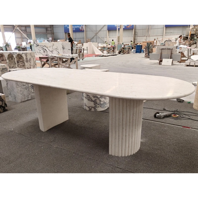 SHIHUI Customized Design Minimalist Natural Stone Dining Room Furniture Oval Myra Beige Limestone Luxury Marble Dining Table Set