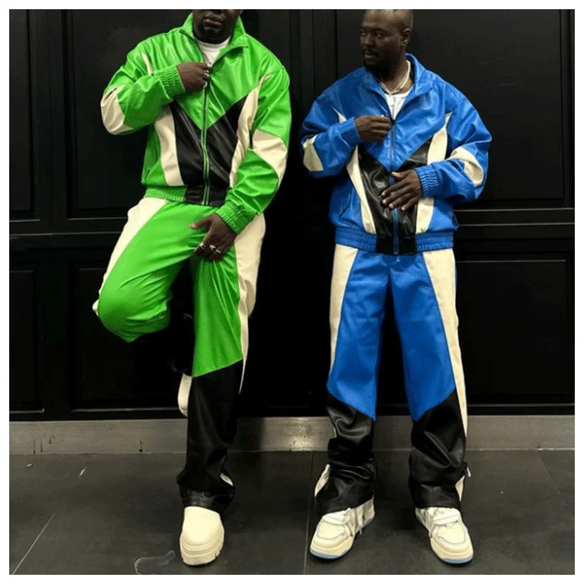 Custom Embroidered Logo Screen Print Men Zip Up Leather Jacket And Pu Stacked Flare Pants Set Oversized Tracksuit For Men