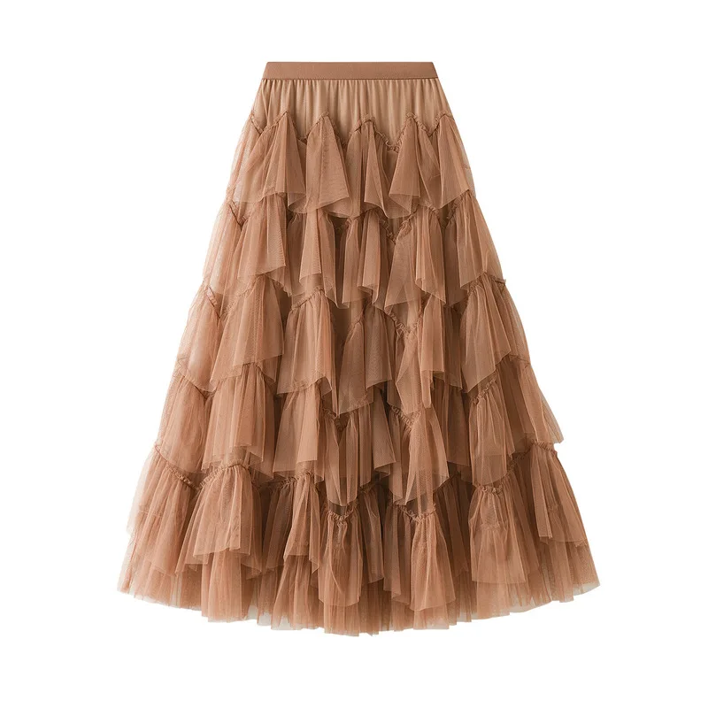 Cake dress 2023 autumn new mesh long skirt design skirt easy matching mesh stitching pettiskirt