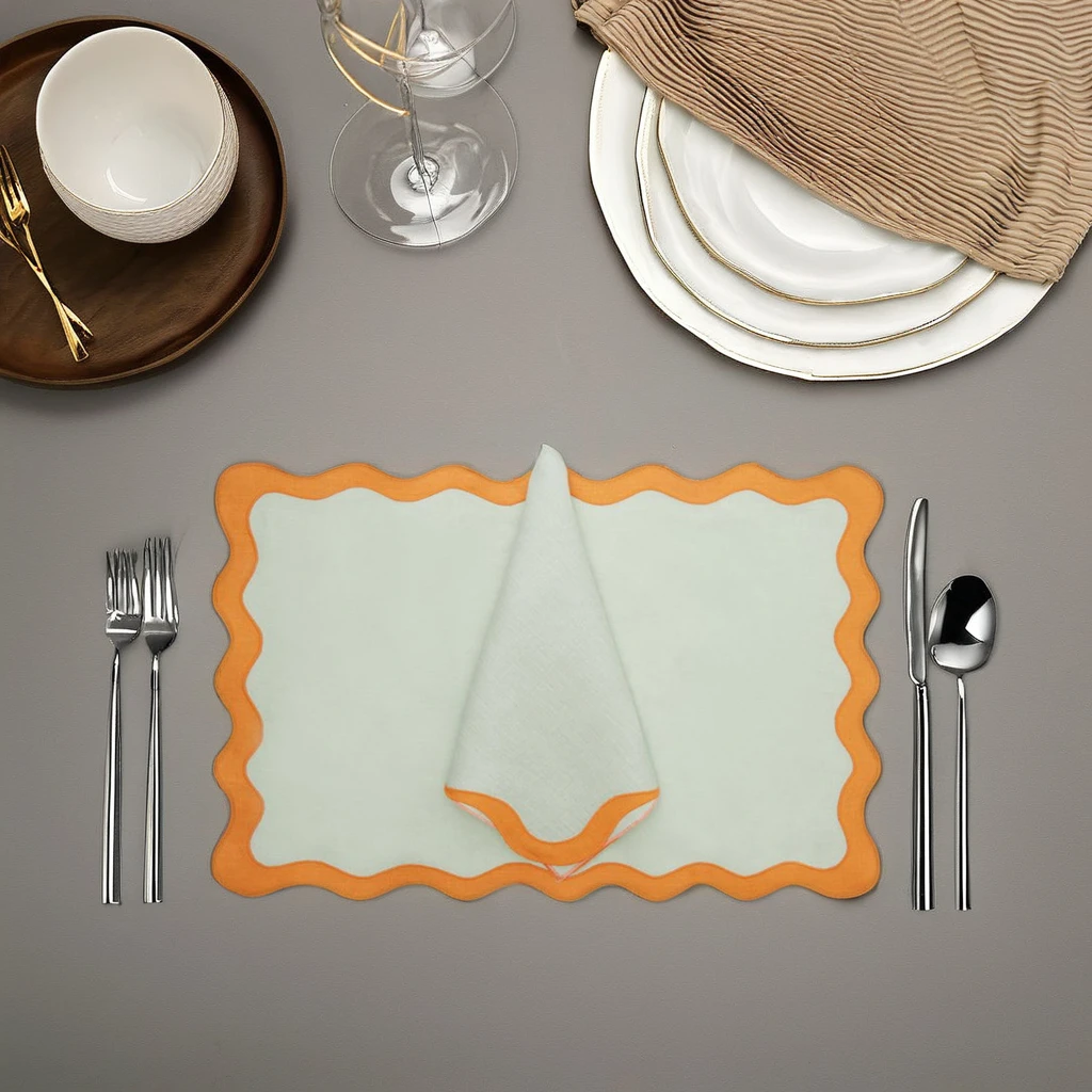 Linen Scalloped Embroidered Blue And White Pastel Cloth Cotton Place Mats Napkins  A Soft Floral Cloth Napkins Yellow Place Mats