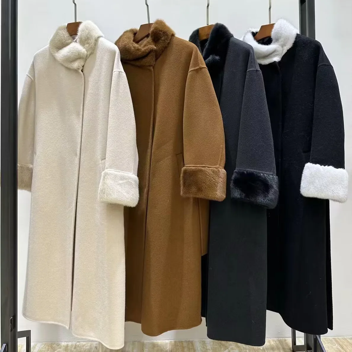 2024 High-end mink fur collar double-sided wool overcoat women Long elegant high-grade woolen coat