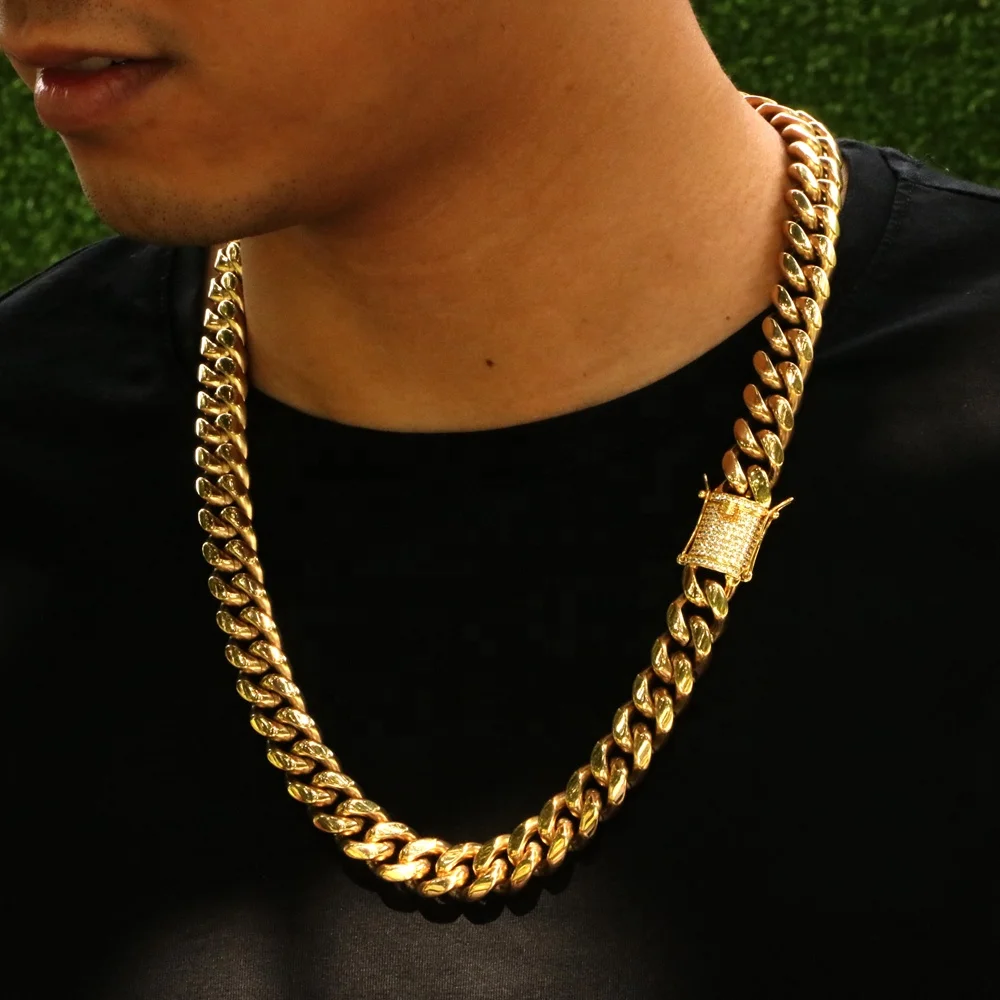 14mm 24inch Thickness Factory Price 14K PVD Gold Cuban Link Chain, Stainless Steel Cuban Link Chain