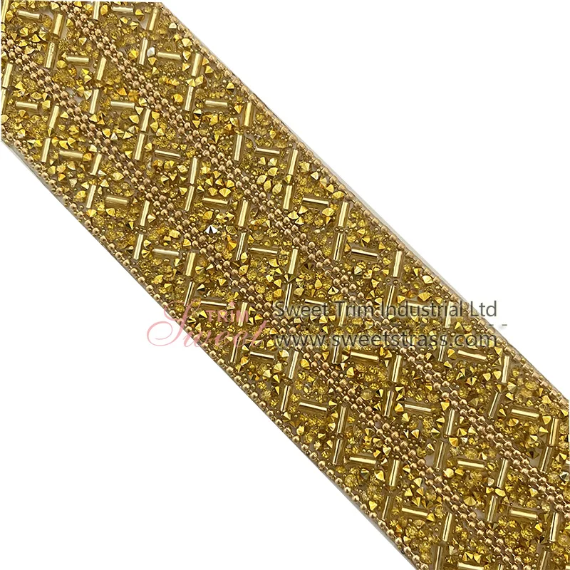 3 Lines Fashion Rhinestone Beaded  Trim Hotfix Ribbon Applique Bling Chain Banding Belt for shoes,Dress