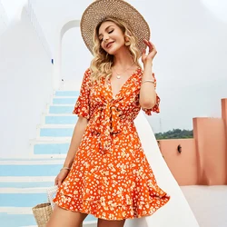 new summer 100% rayon viscose floral mini dress front butterfly tie sexy v neck ruffle casual dresses women