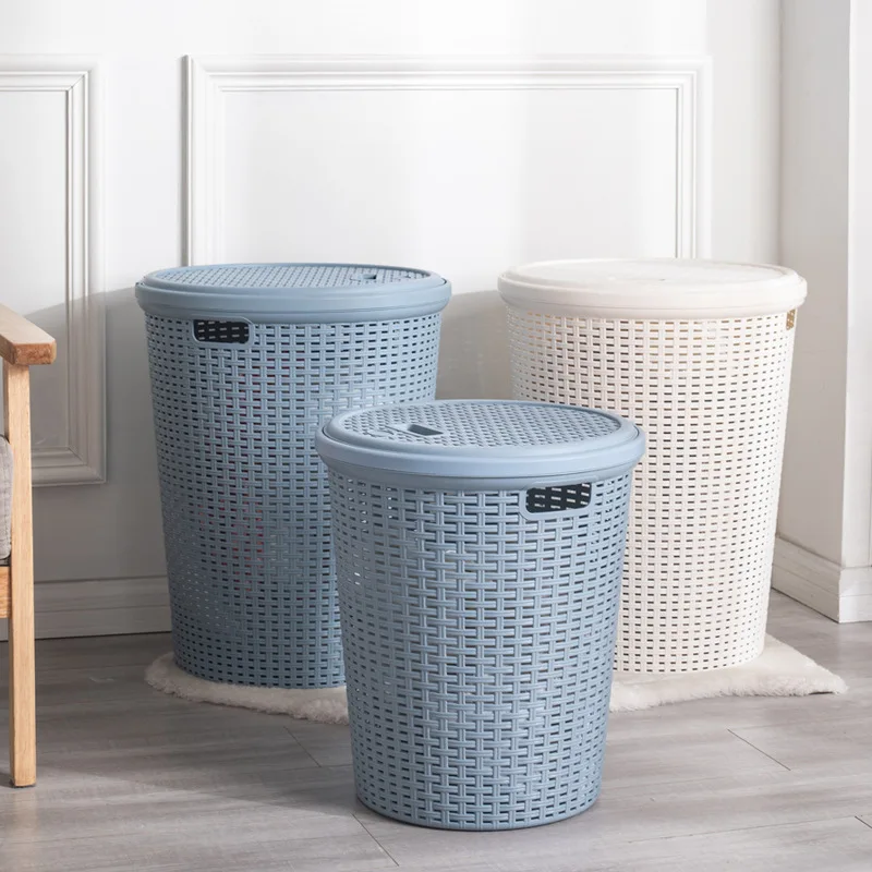 Household Laundry Room Bathroom Large Storage Organizer Dirty Clothes Plastic Rattan Laundry Basket  With Lid